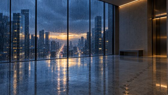 An empty tower lobby, storm on the glass, gold dawn breaking
